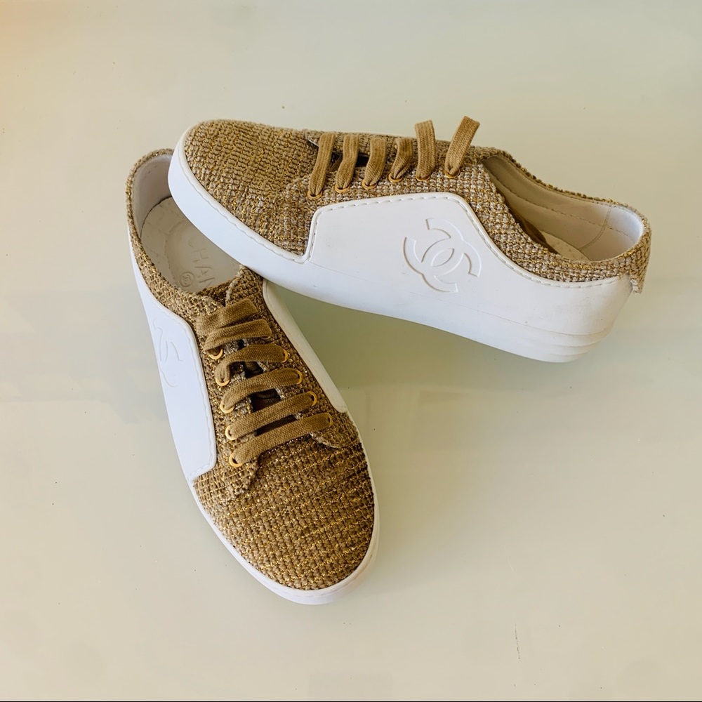 CHANEL SNEAKERS. White leather with gold mesh. Excellent Condition 🔥